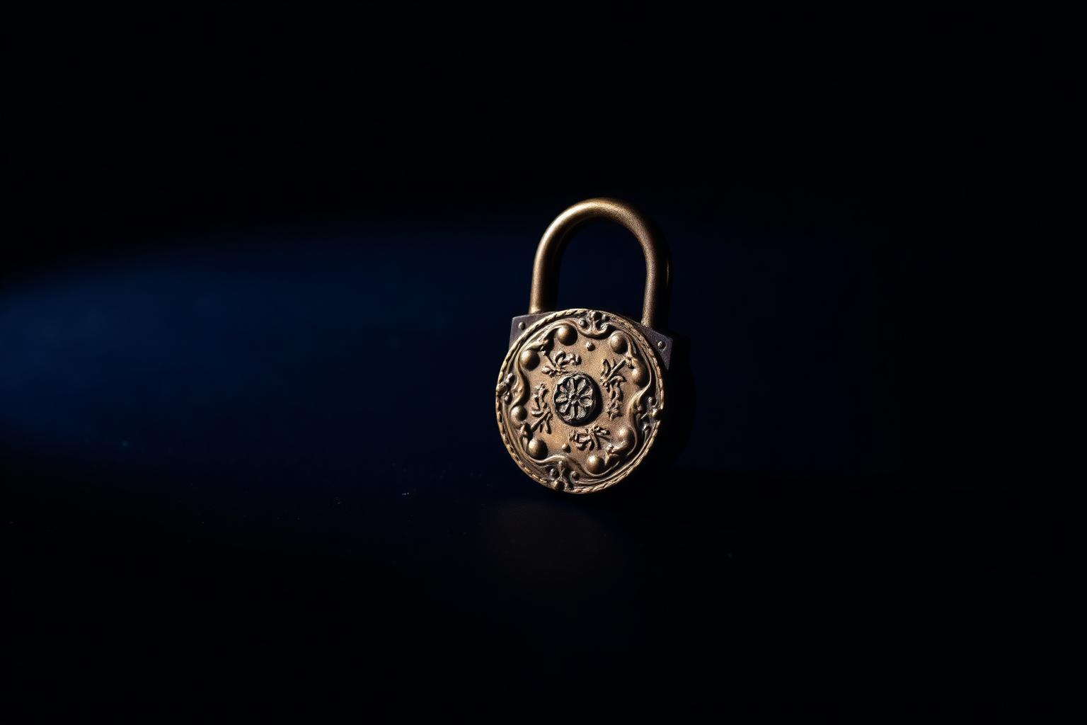 An ornate brass padlock lit by a single beam of light on a midnight blue surface